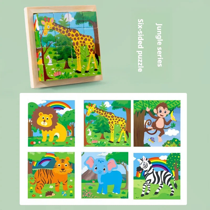 Six-Sided Painted Wooden Puzzle – 3D Traffic & Animal Building Blocks, Early Education Educational Toy for Kids