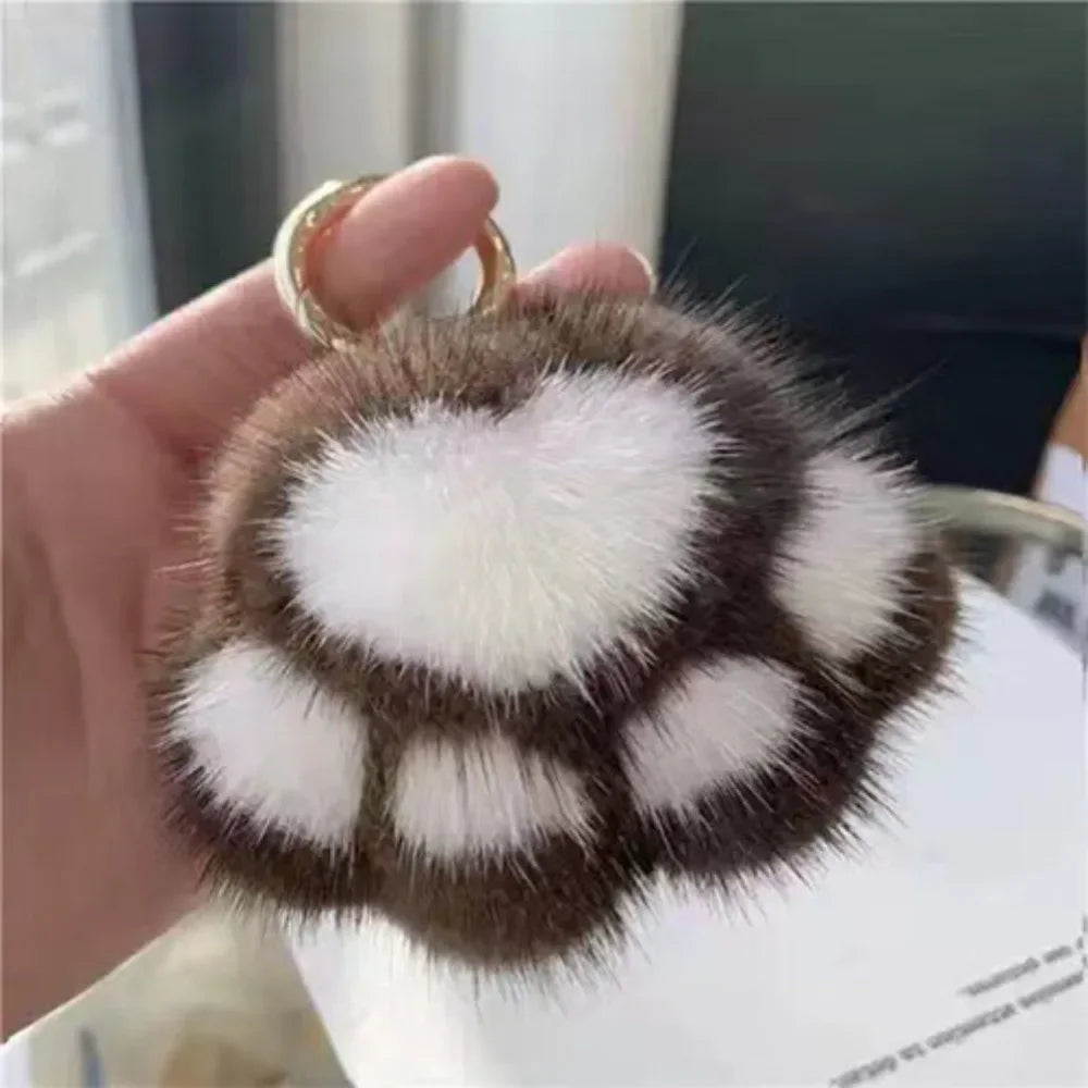Fluffy Faux Fur Cat Paw Keychain, Plush Pendant for Backpack or Car