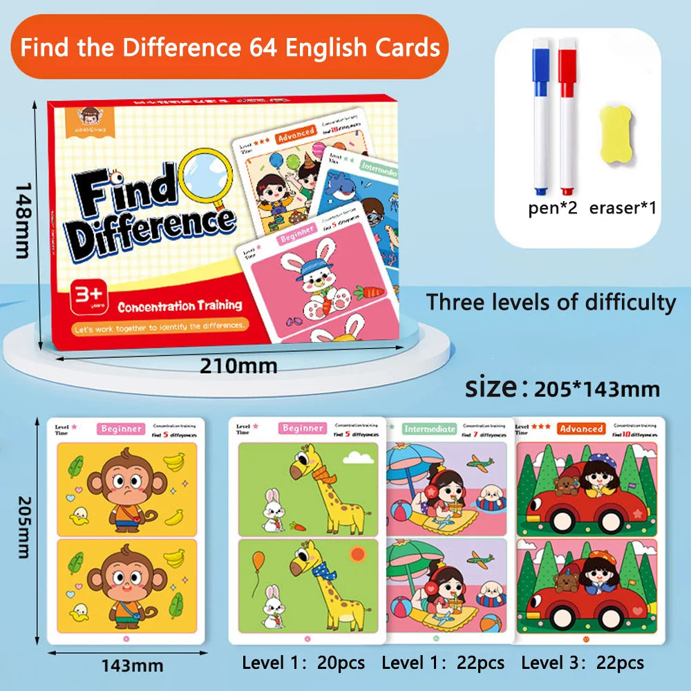 64Pcs Find the Differences Card Game – Reusable Wipeable Paper Puzzle with 3 Difficulty Levels, Educational Cartoon Game for Kids