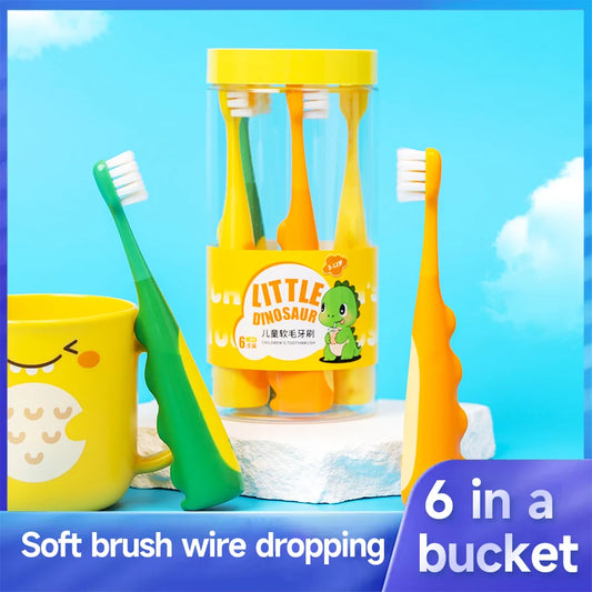 6pcs Kids Manual Toothbrush, Cute Cartoon Dinosaur Design, Soft Bristles for 3-12 Years Old