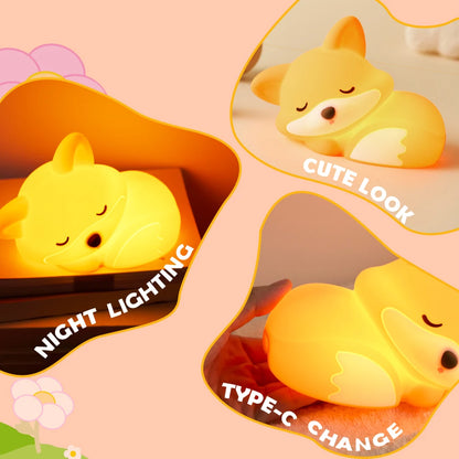 Silicone Fox Night Light Rechargeable Squishy Touch Sensor Timing Nursery Bedside Lamp Gift Room Decor