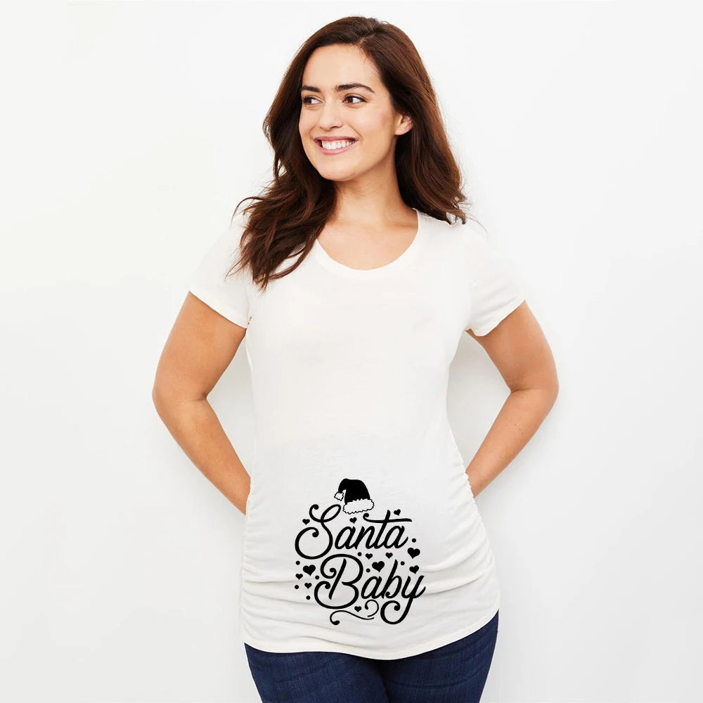 Christmas Santa Baby Print Maternity T-shirt Xmas Casual Pregnant Clothes Pregnancy Announcement T-shirt for Pregnant Women