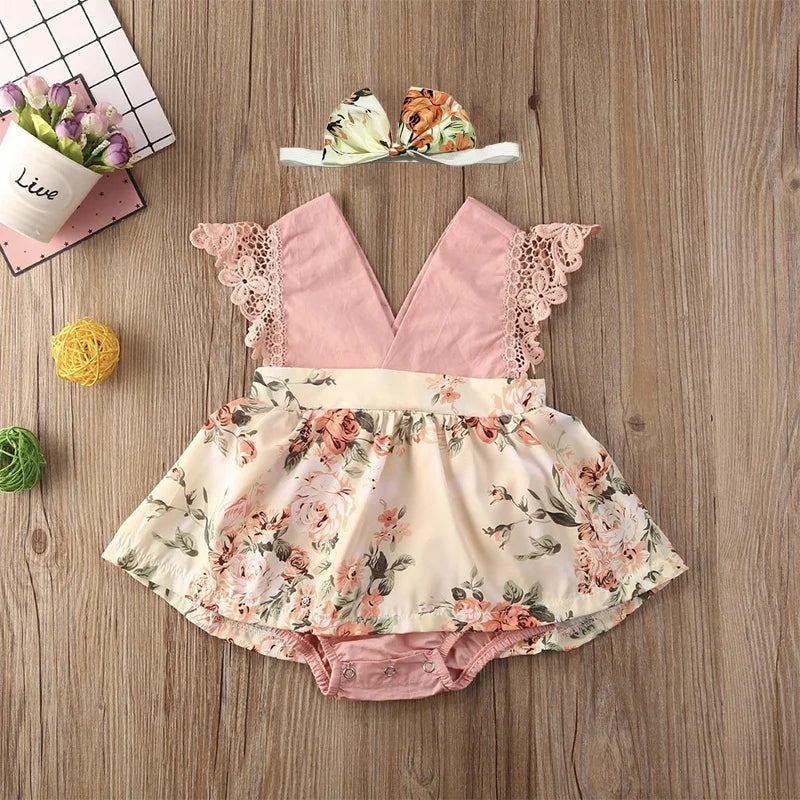 Newborn Baby Girl Summer Lace Romper Dress – Floral Flying Sleeve Jumpsuit with Headband (0-18 Months)