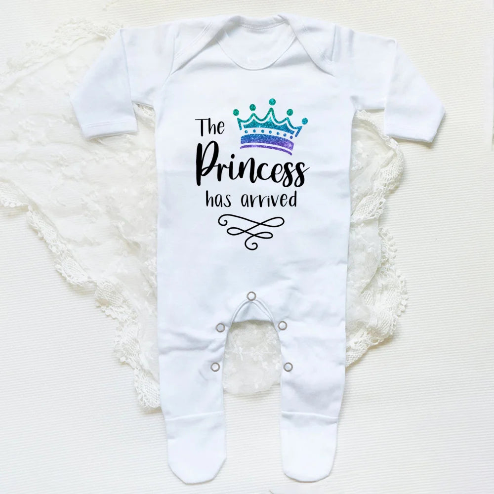 The Princess Has Arrived Print Baby Babygrow Sleepsuit – Newborn Coming Home Vest Bodysuit, Hospital Clothes, Infant Shower Gift