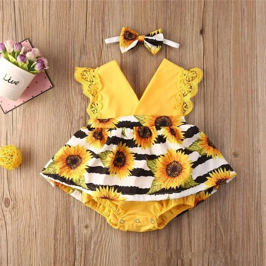 Newborn Baby Girl Summer Lace Romper Dress – Floral Flying Sleeve Jumpsuit with Headband (0-18 Months)