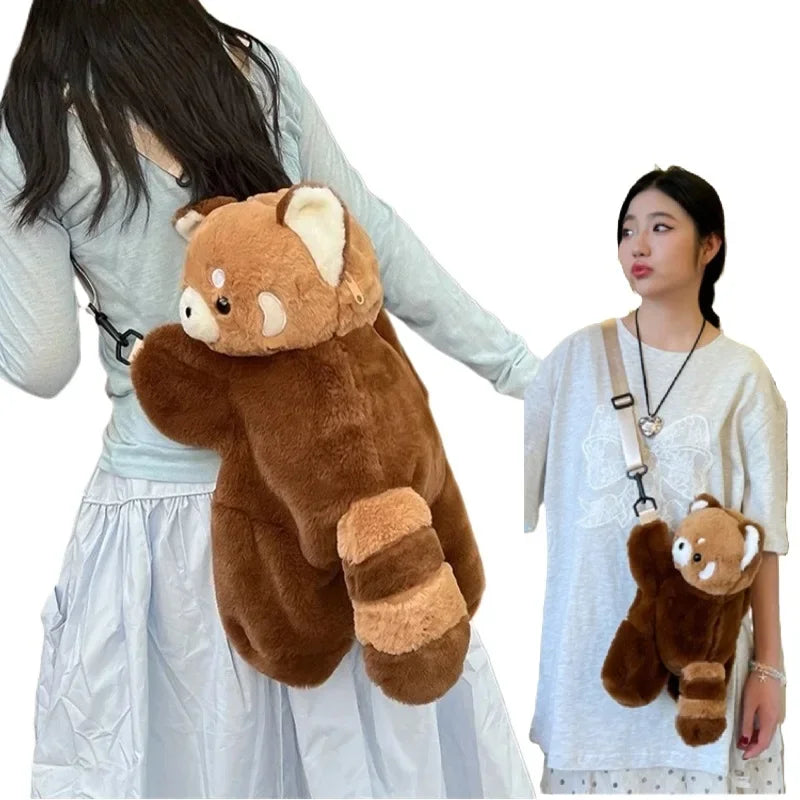 Red Panda Plush Backpack – Cute Fur Plushie Crossbody and Soft Shoulder Bag for Women