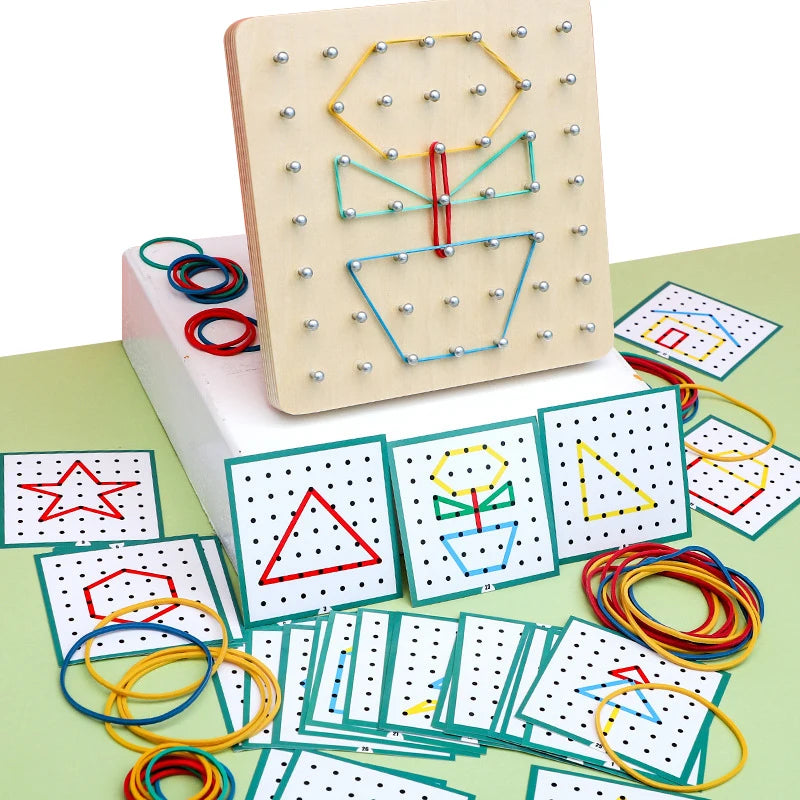 Montessori Baby Creative Toy – Graphic Rubber Tie Nail Boards with Cards for Early Childhood Education and Preschool Learning