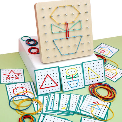 Montessori Baby Creative Toy – Graphic Rubber Tie Nail Boards with Cards for Early Childhood Education and Preschool Learning