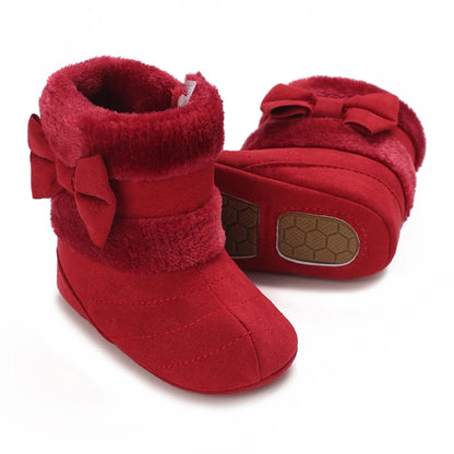 Cute Bowknot Comfortable Boots for Baby Girls, Soft Warm Plus Fleece Boots for Indoor Walking, Autumn and Winter