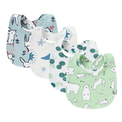 4Pcs/Set Infant Saliva Towel Baby Bibs | Cute Printed Double Layer Cotton Absorbent Burp Cloths for Newborn Boys & Girls with Pocket - Kidzy Market