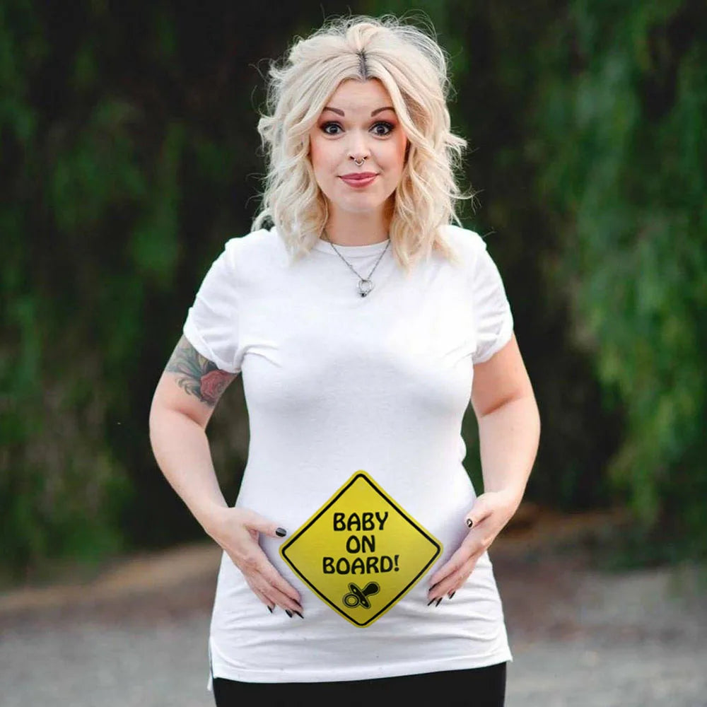 Plus Size Funny Maternity T-Shirt Baby on Board Pattern Print Pregnant Woman Tops, Pregnancy Short Sleeve T-Shirt Clothes