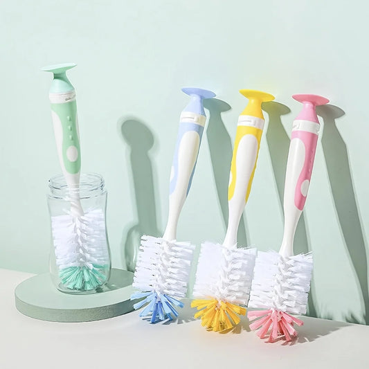 2-in-1 Bristle Bottle Brush with Nipple Brush and Suction Cup, Nylon Baby Bottle and Cup Cleaning Brush for Daily Use
