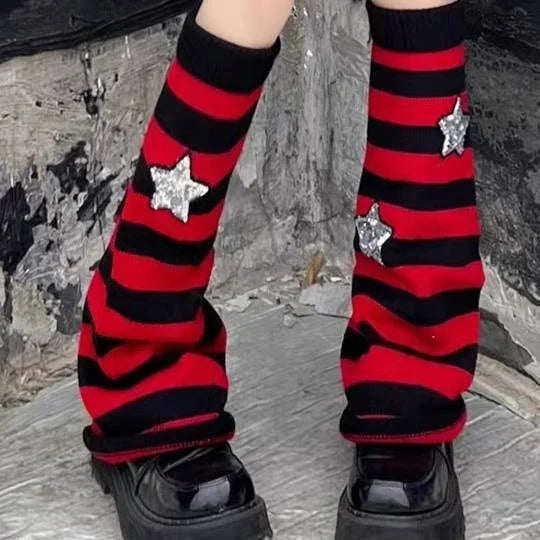 Y2K Punk Knitted Leg Warmers - Star Gothic Cross Harajuku Women Heart Two-Side Wear Loose Fit Leg Covers | JK Thigh High Lolita Socks