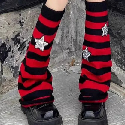 Y2K Punk Knitted Leg Warmers - Star Gothic Cross Harajuku Women Heart Two-Side Wear Loose Fit Leg Covers | JK Thigh High Lolita Socks