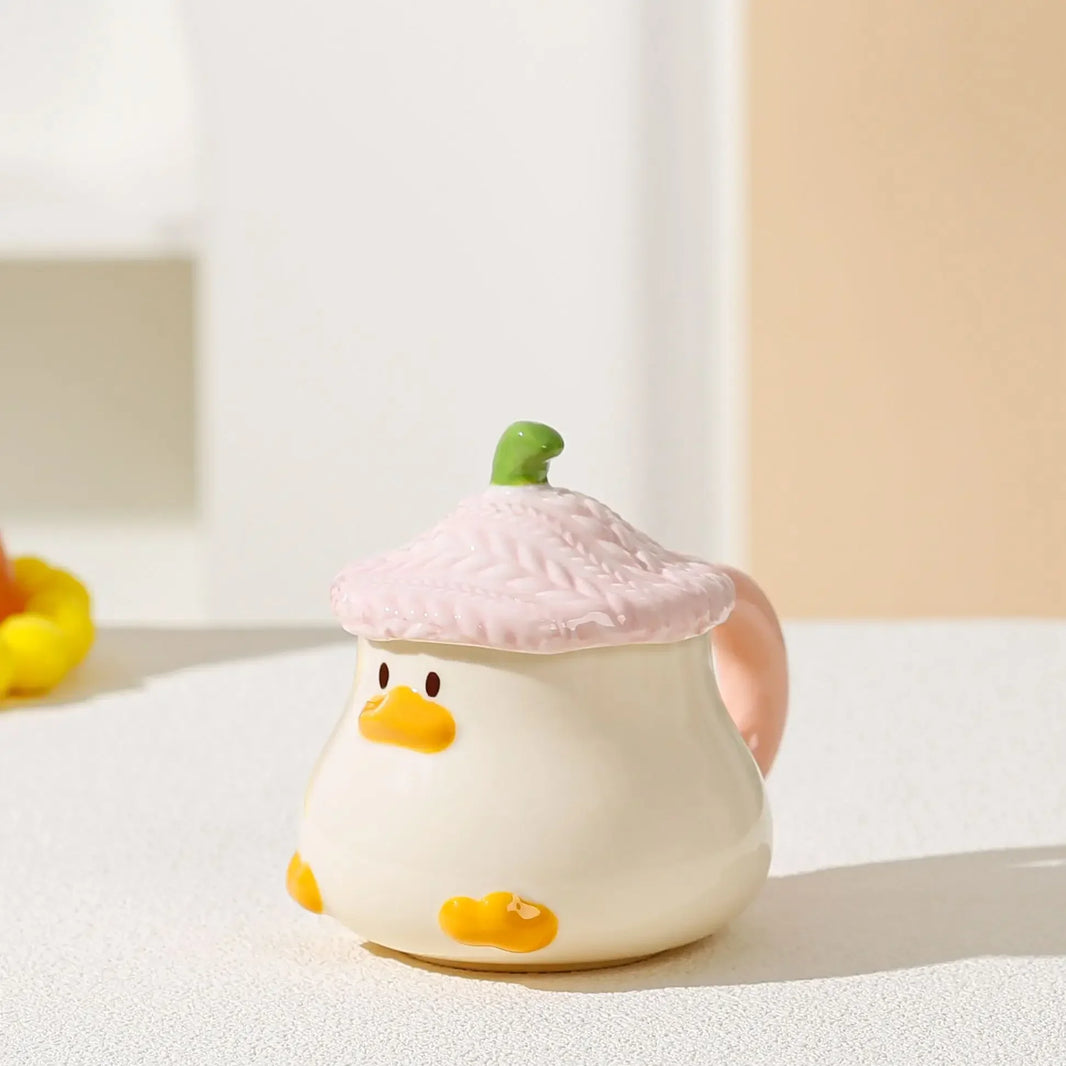 Cute Cartoon Duck Ceramic Mug with Lid & Spoon – 400ml (13.5 fl oz) Coffee Cup for Home & Office