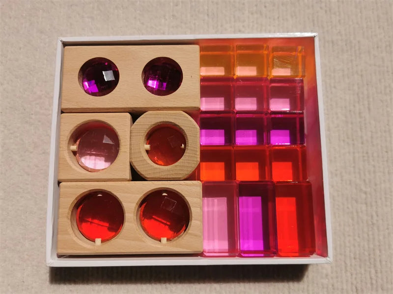Wooden Montessori See-Through Blocks – Mixed Acrylic Gems Toy for Kids, Open Play Educational Toy