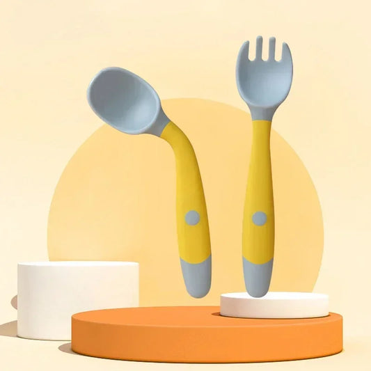 Baby Spoon & Fork Set - Soft Bendable Silicone Scoop Fork Kit, Toddler Training Feeding Cutlery, Children Tableware Utensils