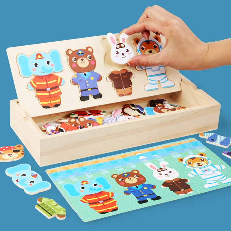 QWZ Little Bear Change Clothes, Children's Early Education Wooden Jigsaw Puzzle, Dressing Game, Baby Puzzle Toy for Children Gift