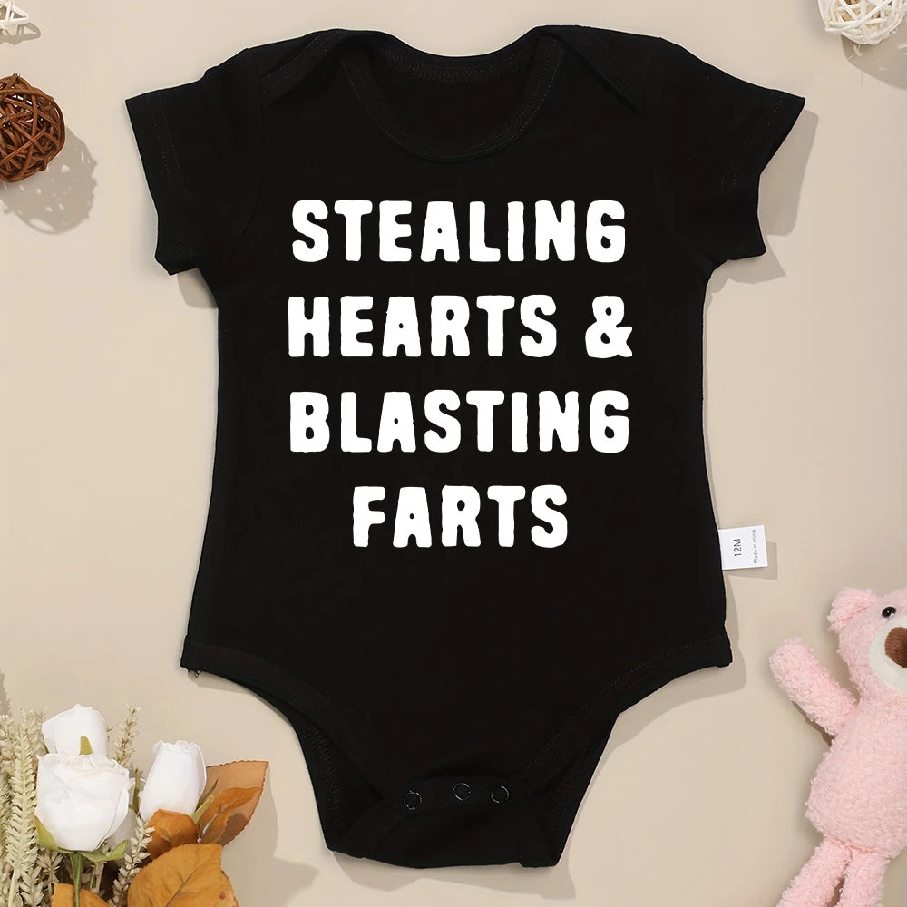 Creative Baby Onesie – "Stealing Hearts and Blasting Farts" Letter Print Funny Bodysuit – Comfy & Breathable Cotton Infant Clothes (0-24M)