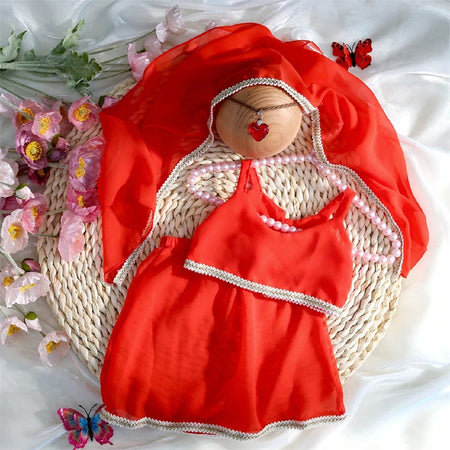 Newborn Baby Girl Indian Sari Photography Outfit, Infant Photo Shoot Costume with Saree, Dupatta, and Heart Shape Bindi