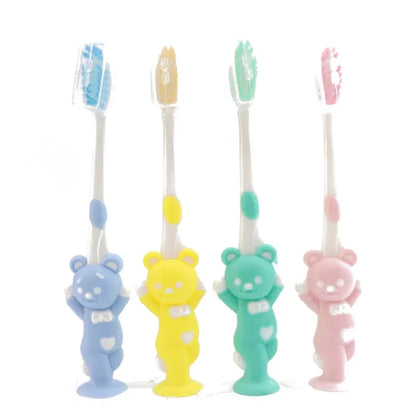 Kids Baby Soft-Bristled Toothbrush - Bamboo Charcoal Short Handle with Cute Rabbit Bear Design, 4Pcs/Set