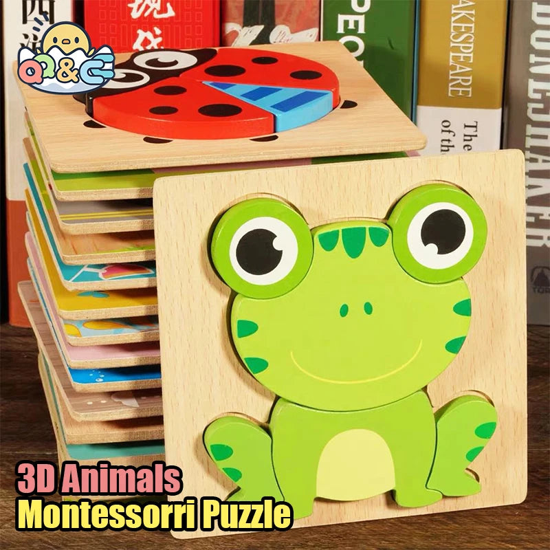 3D Puzzle Cartoon Animals – Montessori Wooden Block Toy, Educational Learning Game for Babies, Colorful Cognitive Intelligence Gift