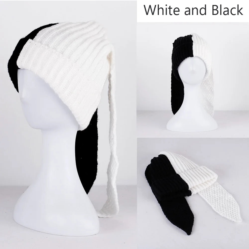 Rabbit Ears Knit Beanie – Colorblock Patchwork Cute Warm Unisex Winter Hat for Men & Women