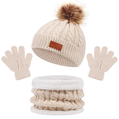 3-Piece Winter Baby Hat, Scarf & Gloves Set – Solid Color Knitted Toddler Bonnet with Cute Pompom, Warm Outdoor Accessories for 1-5 Years
