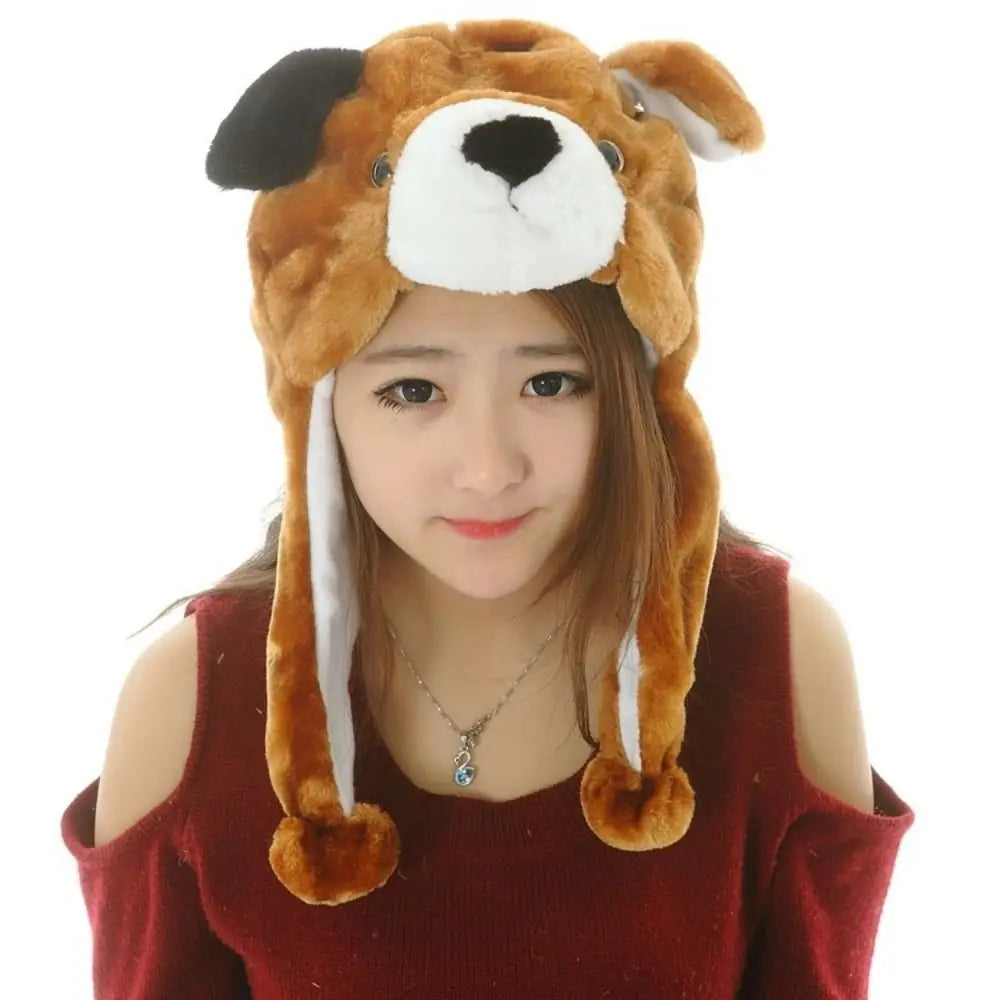 Plush Animal Earflap Hat with Moving Ears & Neck Warmer — 60 cm (23.6 in) Adult Cosplay Party Beanie