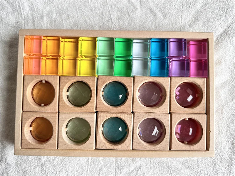 Wooden Montessori See-Through Blocks – Mixed Acrylic Gems Toy for Kids, Open Play Educational Toy