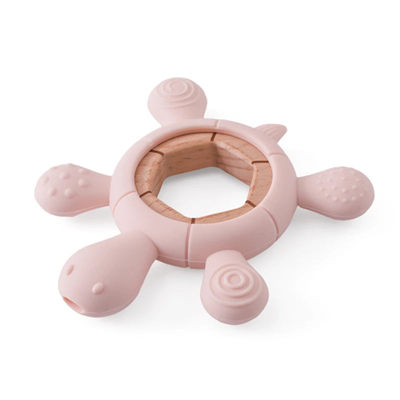 1pc BPA-Free Silicone Turtle Teether - Rodent Shape Baby Gum Pain Relief with Wooden Teether Ring | Infant Sensory Toy Gift
