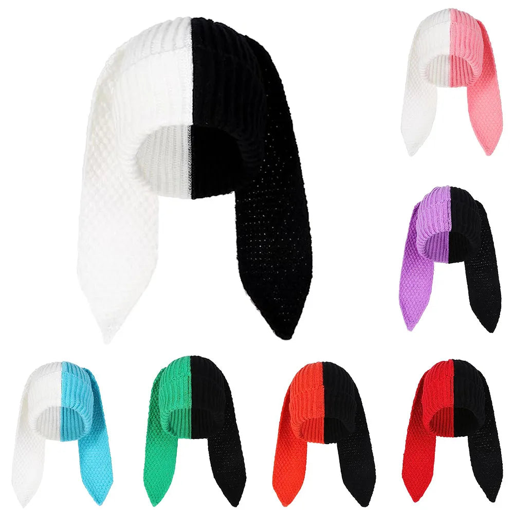 Rabbit Ears Knit Beanie – Colorblock Patchwork Cute Warm Unisex Winter Hat for Men & Women