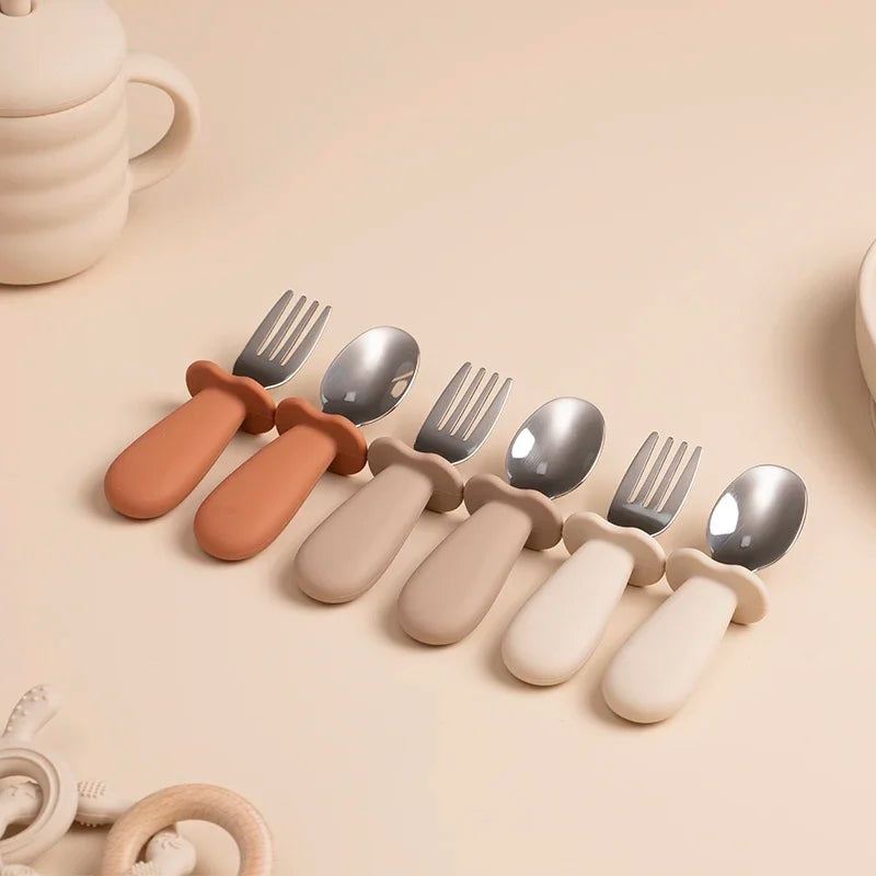 2PCS Baby Tableware Set – Stainless Steel Food Feeding Spoon & Fork, Silicone Handle Utensils for Infants & Toddlers, BPA-Free Cutlery Set