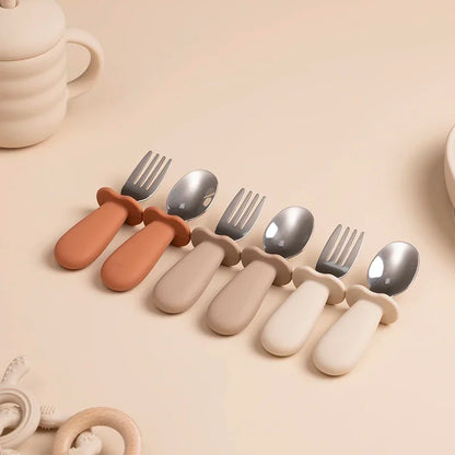 2PCS Baby Tableware Set – Stainless Steel Food Feeding Spoon & Fork, Silicone Handle Utensils for Infants & Toddlers, BPA-Free Cutlery Set