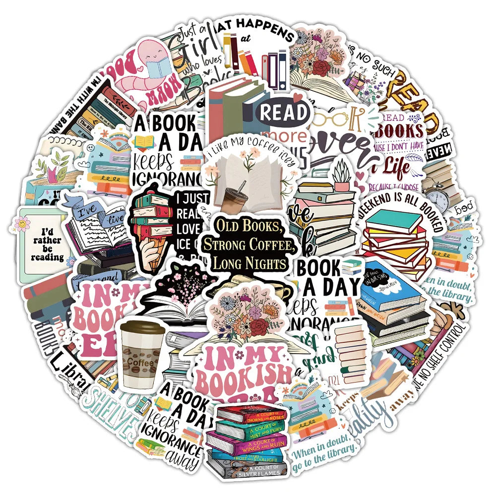 10/50pcs Cartoon Bookworm Reading Stickers – Decals for Notebooks, Diaries, Skateboards, Luggage, and Computers