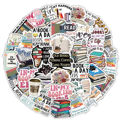 10/50pcs Cartoon Bookworm Reading Stickers – Decals for Notebooks, Diaries, Skateboards, Luggage, and Computers