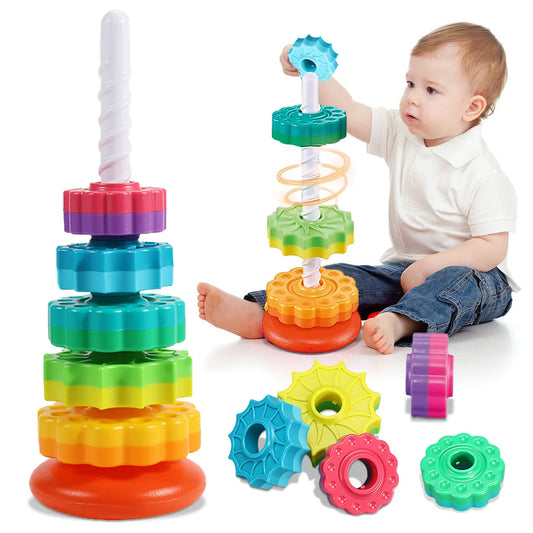 Montessori Rotating Rainbow Tower – Baby Stacking Puzzle Toy, Colored, Safe and Eco-Friendly