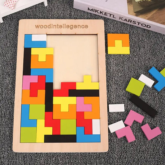 Wooden Blocks Puzzle, Brain Teasers Toy, Tangram Jigsaw, Colorful 3D Russian Blocks, Montessori Educational Toy