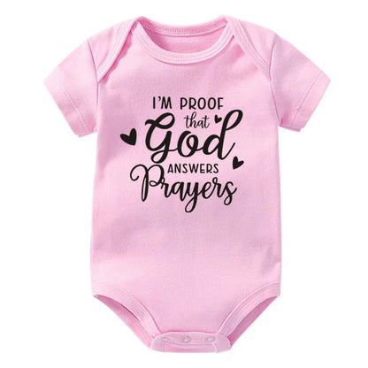 “I’m Proof God Answers Prayers” – Christian Newborn Baby Bodysuit, Short-Sleeve Infant Jumpsuit, Cute Summer Outfit & Holiday Gift