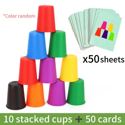 Montessori Mini Stack Cups Set - 10 Cups and 50 Cards Educational Color Matching Toy