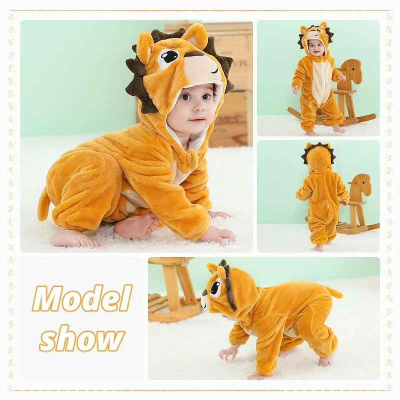 MICHLEY Halloween Dinosaur Baby Romper – Hooded Flannel Jumpsuit for Toddlers & Infants, Winter Costume Bodysuit for Kids