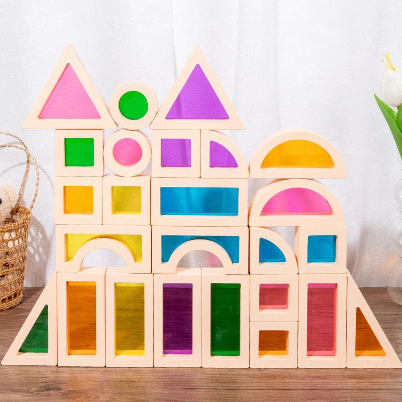25PCS Stacking Building Blocks – Montessori Construction Toys, Colorful Geometry Sensory Wood Rainbow Blocks for Preschool Kids