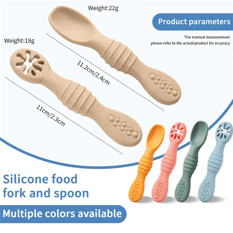 2PCS Baby Learning Spoons Set - Silicone Toddler Liquid Food Spoon & Fork Utensils, Soft Scoop Weaning Cutlery, Baby Feeding Tableware