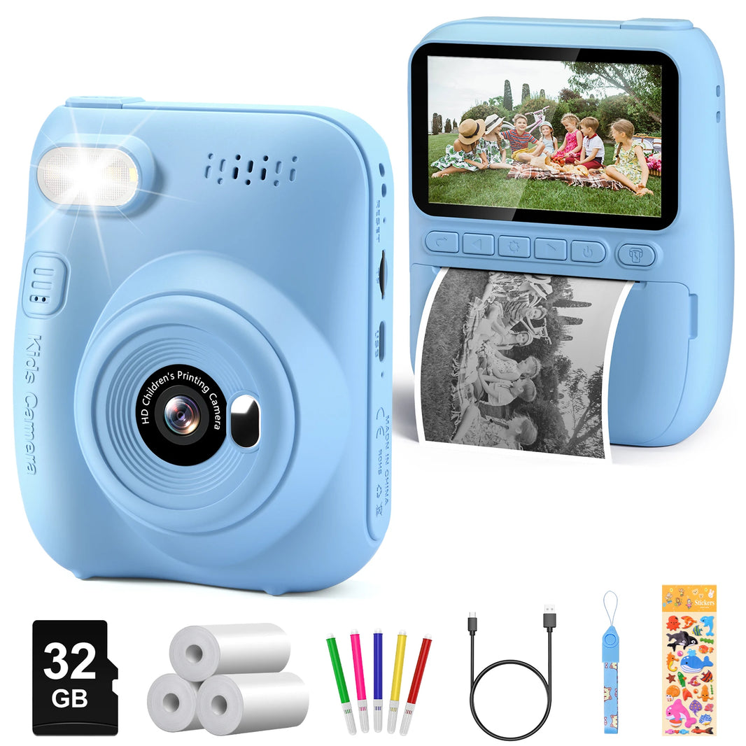 Instant Print Kids Camera with 3.0-Inch Screen, 32MP 1080P HD Digital Camera, Includes 3 Rolls of Printer Paper