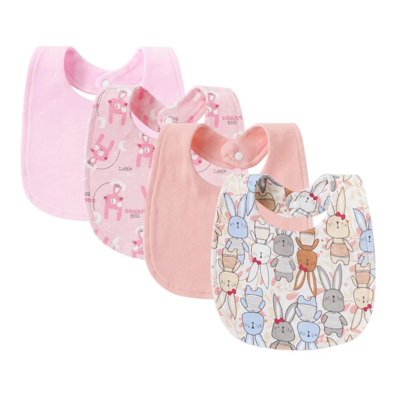 4Pcs/Set Infant Saliva Towel Baby Bibs | Cute Printed Double Layer Cotton Absorbent Burp Cloths for Newborn Boys & Girls with Pocket - Kidzy Market