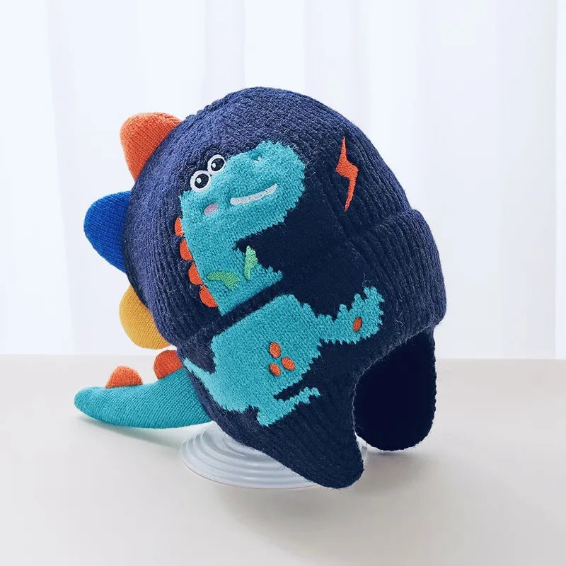 Dinosaur Cartoon Kids Earmuffs Beanie — Warm Knit Cotton Winter Hat with 3D Ears for Toddlers & Children (Unisex)