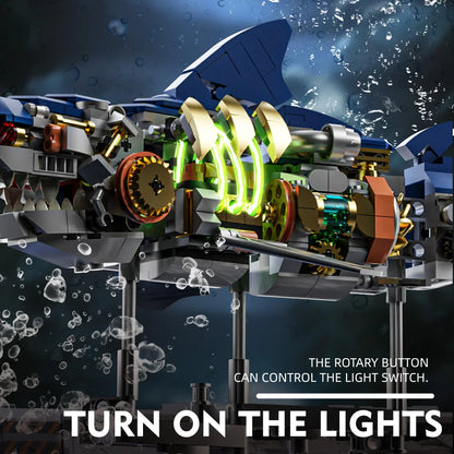 Mechanical Shark Building Blocks Set – Sea Life Model with Display Stand and Lights for Kids and Adults