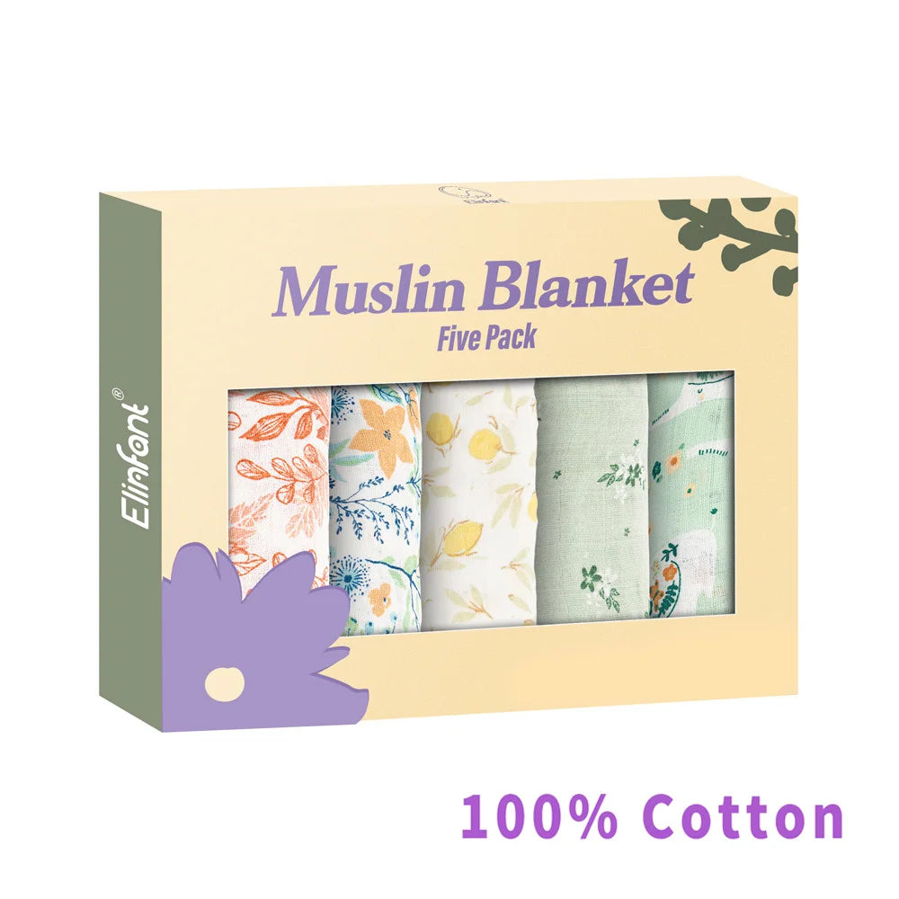 Elinfant 5-Piece Gift Set – Bamboo Cotton Muslin Bibs & Burp Cloths, 100% Cotton, 60x60cm, 2 Layers Baby Scarf & Handkerchief - Kidzy Market