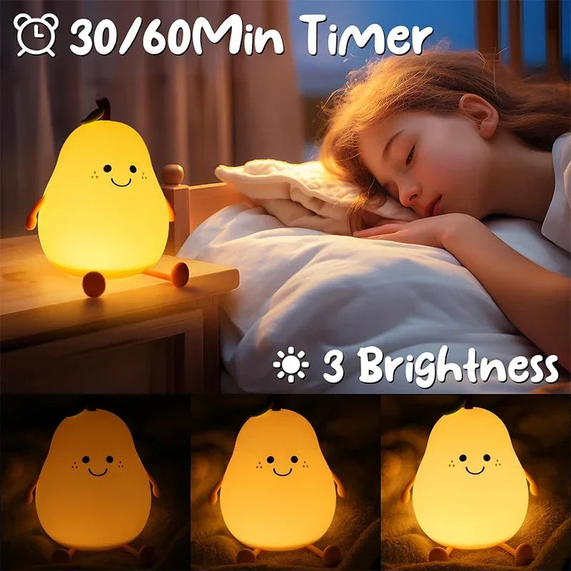 Cute Smile Pear Night Light Portable Touch Sensor USB Silicone Baby Sleep Dimmable Bedside Lamp