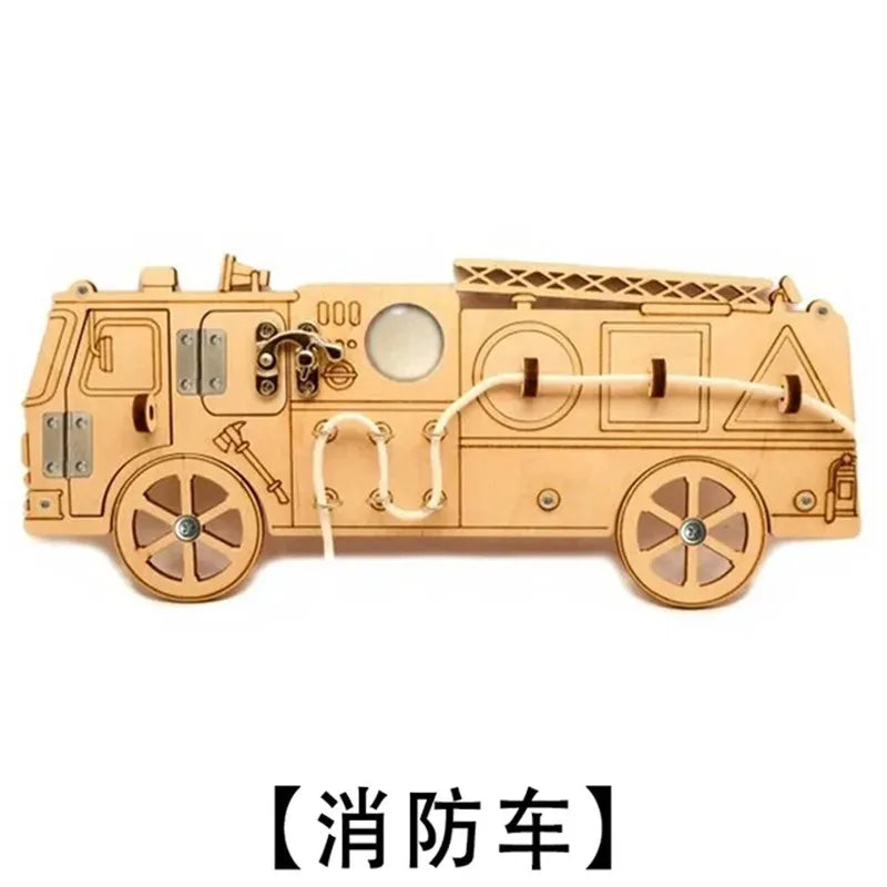 DIY Montessori Busy Board – Wooden Accessories with Hand-Pulled Wheel, Gear, Drum, Car, and Castle, Early Educational Toy for Children Gift